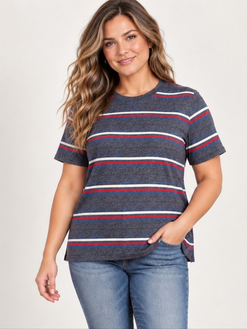 Maurices 24/7 Dawson Americana Striped Relaxed Crew Neck Tee Size L Blue Red